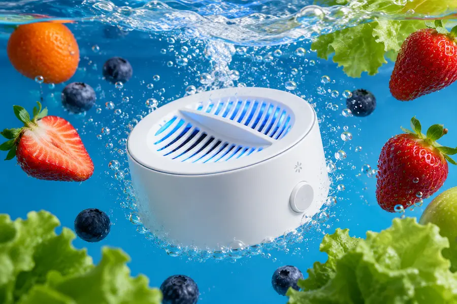 PuriBreeze Produce Cleaner in water with fresh fruits and vegetables