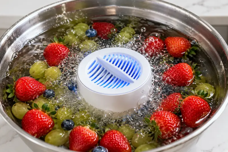 PuriBreeze produce cleaner being used in a bowl with strawberries and grapes
