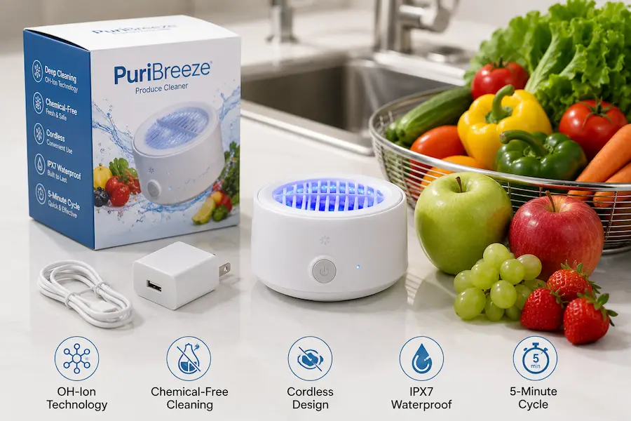 PuriBreeze product kit with produce cleaner, box, charger, fruits and vegetables